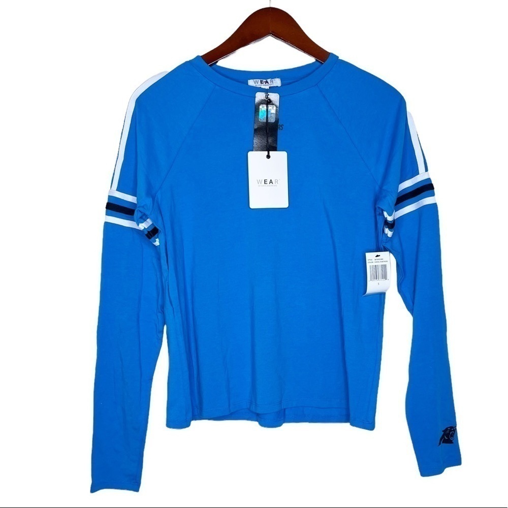 Wear By Erin Andrews NWT Carolina Panthers NFL Women’s Stripe Sleeve Jersey